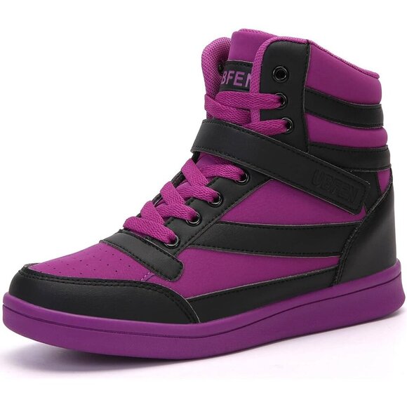 🆕  Black Purple Women's Hidden Wedge Sneakers 5.5cm High Top Platform Booties - Picture 1 of 9